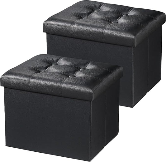 AmasSmile Storage Ottoman Folding Foot Rest Stool, Leather Footstool Bench, Short Ottoman Stool, Storage Foot Rest Store, Books (Black-2pc, 17" D x 13" W x 13" H)