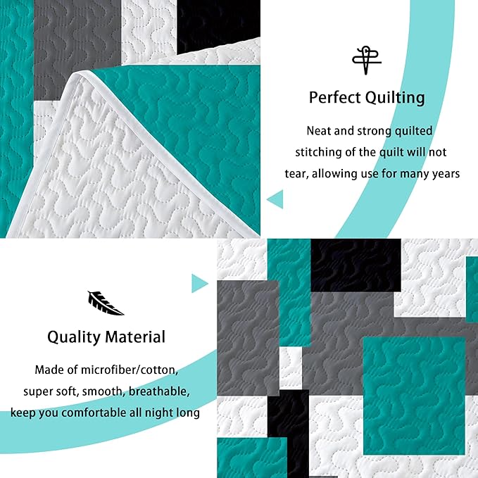 2 Piece Teal/Turquoise Grey Quilt Set Twin Size Black White Geometric Reversible Bedding Set Microfiber Lightweight Bedspread Coverlet with 1 Sham Modern Bed Covers for All Season, 68''x86''