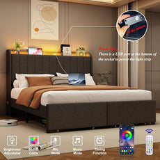 Full Size Bed Frames with Storage Headboard and 2 Drawers, Upholstered Platform Bed Frame Full with Led Lights and Handy Charging Station, No Box Spring Needed, Easy Assembly, Noise Free, Gray
