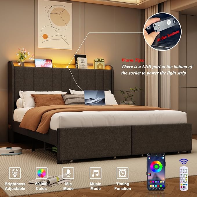 Full Size Bed Frames with Storage Headboard and 2 Drawers, Upholstered Platform Bed Frame Full with Led Lights and Handy Charging Station, No Box Spring Needed, Easy Assembly, Noise Free, Gray