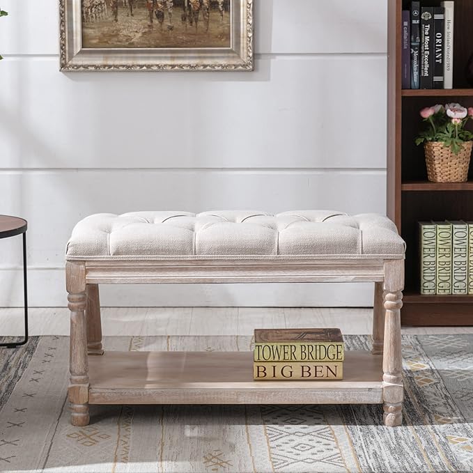 chairus Storage Bench 31.5" W Button Tufted Small Entryway Bench with Wooden Shoes Rack End of Bed Bench with Fabric Linen Upholstered Rectangular Seat for Bedroom Hallway Small Space, Beige