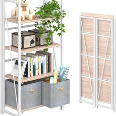 4NM No Assembly Folding Bookshelf Storage Shelves 4 Tiers Vintage Bookcase Standing Racks Study Organizer Home Office (Natural White)