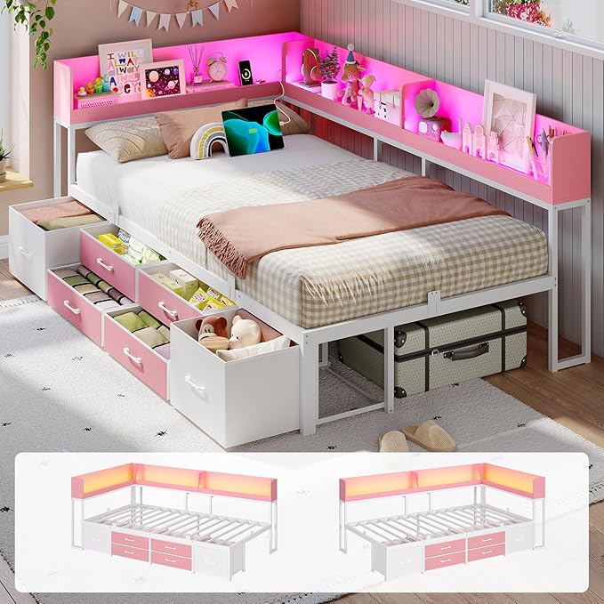 VIAGDO Corner Bed Frame with Storage Bookcase and 6 Drawers, Twin Metal Platform Corner Bed Frame with LED Lights and Charging Station, Twin Daybed for Kids Teenagers, Pink