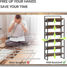 4NM No Assembly 6 Tiers Folding Bookshelf Storage Shelves Vintage Bookcase Standing Racks Study Organizer Home Office (Rustic Brown Black)