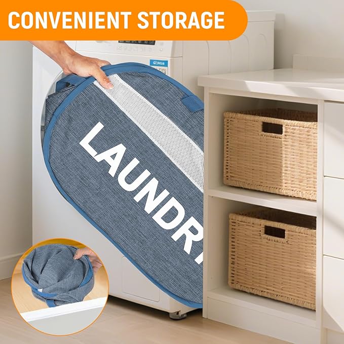 Collapsible Laundry Baskets with Lid, Foldable Clothes Hamper with Reinforced Handles, Sturdy Pop Up Hampers for Laundry, Tear Proof & Easy to Carry Laundry Hamper for Home, Dorm, Travel Blue