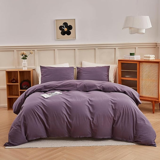 ECOCOTT Purple Duvet Cover Super Queen Size - 100% Washed Cotton Durable Soft Comfy Duvet Cover Set, 3 Pieces Duvet Cover with Zipper Closure (Purple, 98''x90'')