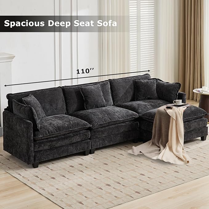 SoarFlash Chenille Sectional Sofa, Comfy Modular Single Chair with Ottoman, Modern Recliner Deep Seat Sofa Set for Living Room,Black