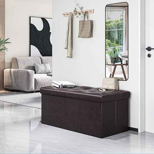 Youdesure Folding Storage Ottoman Bench, 30 inch Faux Leather Footrest Couch for Living Room, Storage Bench with Padded Seat for Bedroom Hallway, Holds up to 350lbs, Brown