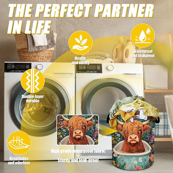 Highland Cow Laundry Basket,Foldable Oxford Cloth Funny Tote Bag Laundry Hamper Clothes Storage Bucket Toy Organizer For Bathroom Laundry Storage Bedroom 18.9x16.5