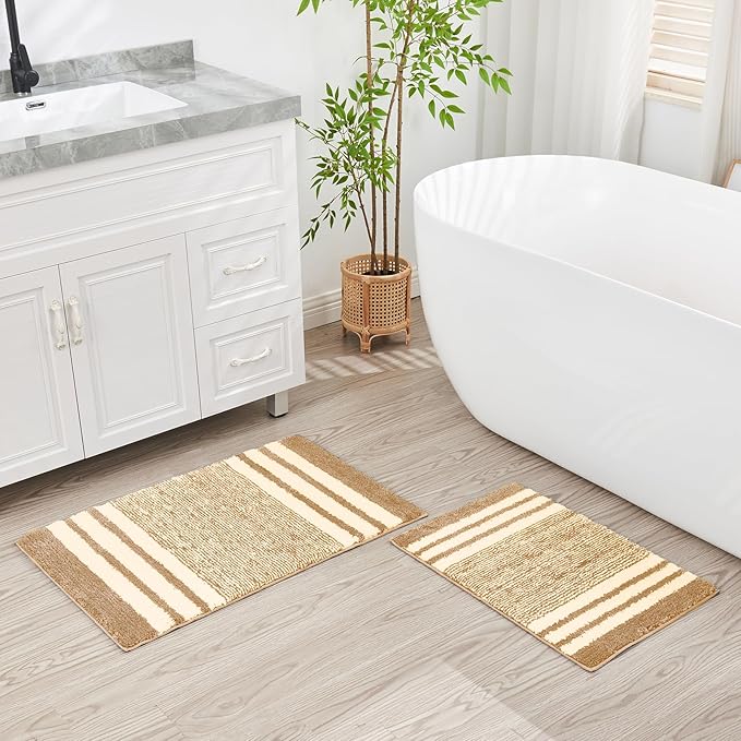 CozeCube Bath mats for Bathroom Non Slip, Fluffy Absorbent Microfiber Bath mat Washable, Aesthetic Bathroom Rugs, Large Beige Striped Bath mat, Beige, 36" x 24"