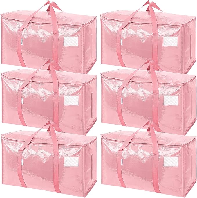 TICONN 6 Pack Extra Large Moving Bags with Zippers & Carrying Handles, Heavy-Duty Storage Tote Moving Boxes for Space Saving (6 Pack, Coral)