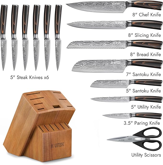 Yatoshi Professional Kitchen Knife Set, 15 Pieces, High Carbon Stainless Steel, Ergonomic Handle