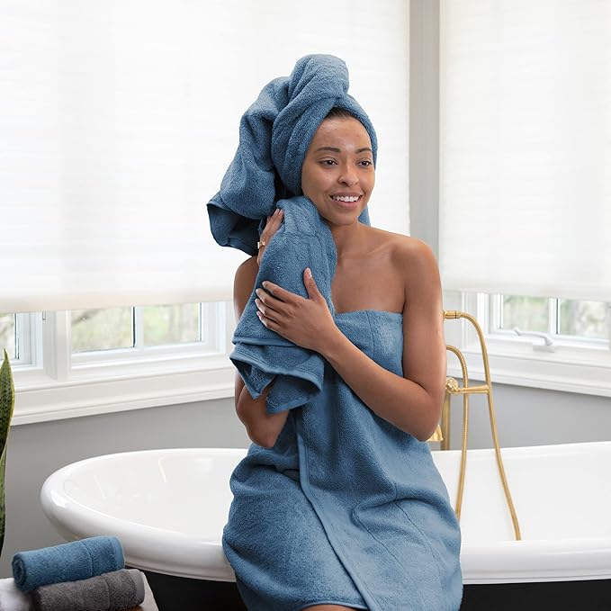 Aston & Arden Aegean Terry Wash Cloths - Set of 8 - Ringspun Turkish Cotton Thick and Soft Absorbent Luxury Hotel and Spa Bathroom Towel, 600 GSM, 13 x 13 in, Copen Blue