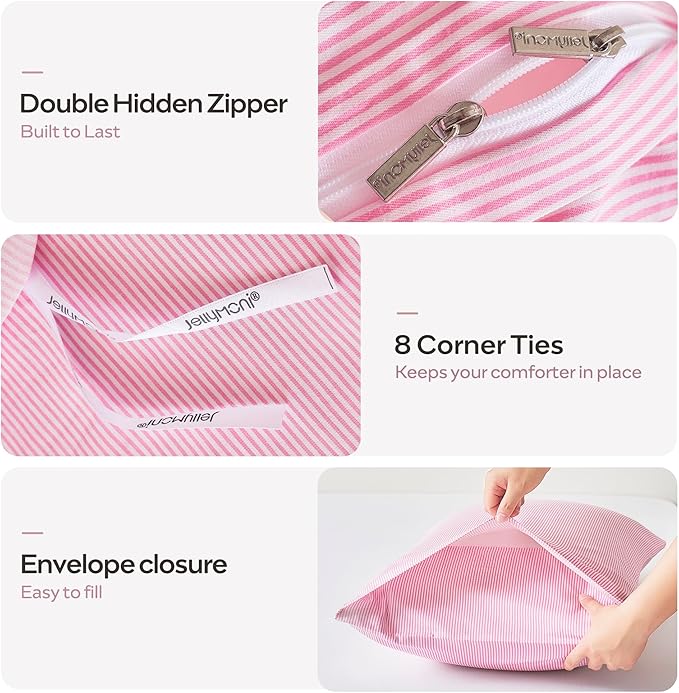 JELLYMONI 100% Natural Cotton 3pcs Striped Duvet Cover Sets,White with Pink Stripes Pattern Printed Comforter Cover,with Zipper Closure & Corner Ties(Full Size)