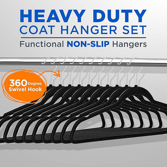 SereneLife Premium Non-Slip Velvet Hangers-Space Saving Heavy Duty Slim Suit Clothes Hanger Set with 360 Degree Swivel Metal Hook,Can Hold Up to 10 Lbs.for Coats, Jackets,Pants & Dress (50-Pack),Black