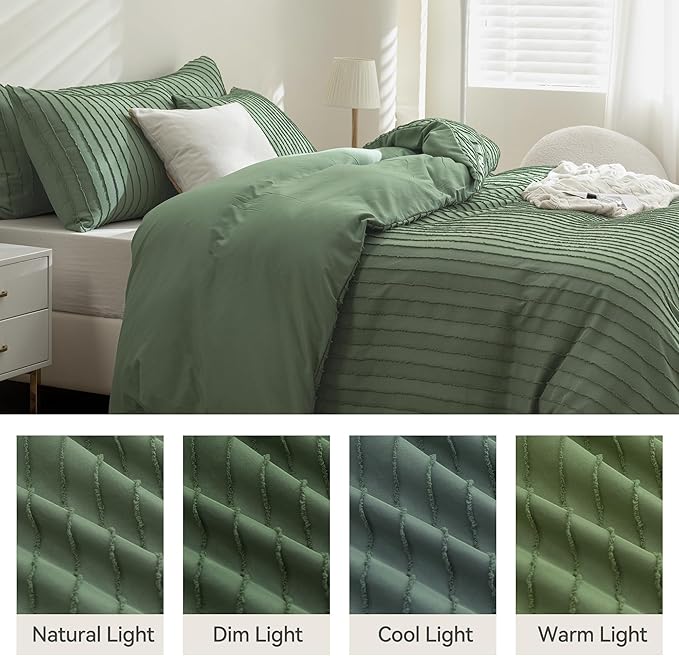 JELLYMONI Duvet Cover Super Queen Size Green - 3PCS Boho Striped Duvet Cover Set Polyester Tufted Bohemian Textured Comforter Cover 98×90in with Corner Ties & Zipper and 2 Pillowcases