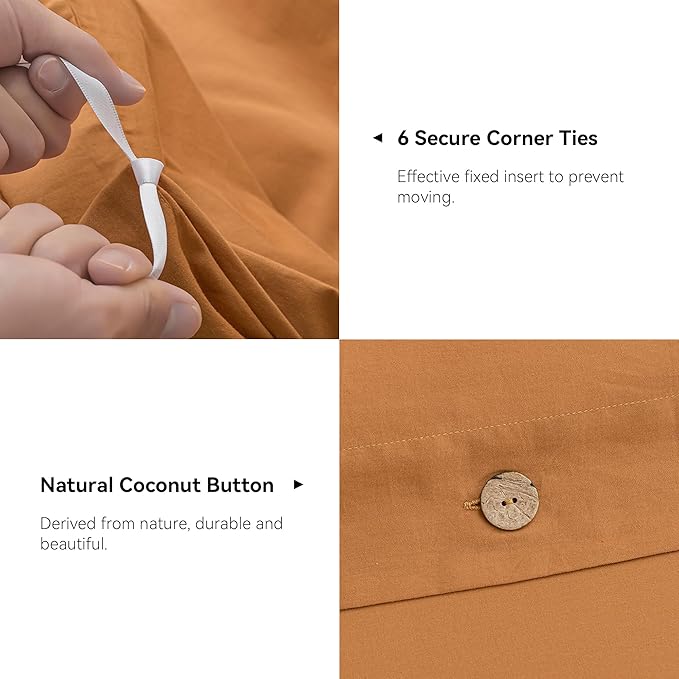 JELLYMONI Cotton Duvet Cover Full Size - Burnt Orange Comforter Cover with Button 100% Washed Cotton 3PCS Breathable Soft Solid Bedding Set Duvet Cover 80×90in & 2 Pillowcases (NO Comforter)
