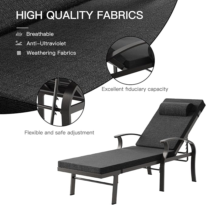 Patio Lounge Chairs Set of 3,Outdoor Lounge Chairs with 5 Adjustable Positions Backerst,Armrest Lounge Chair for Beach,Yard,Balcony,Poolside,Black