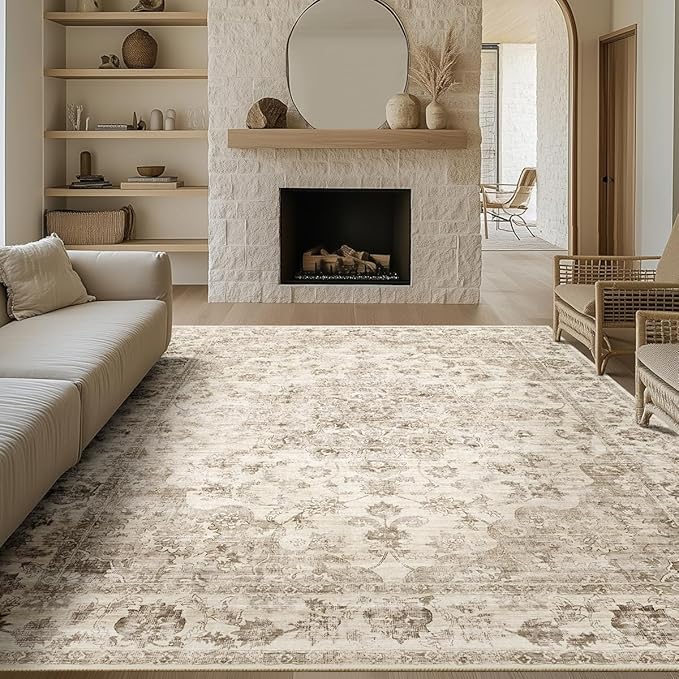 9x12 Neutral Area Rug Beige Vintage Living Room Bedroom Washable Carpet Non-Slip Soft Medium Pile Floral Indoor Large Throw Rug for Dining Room Office