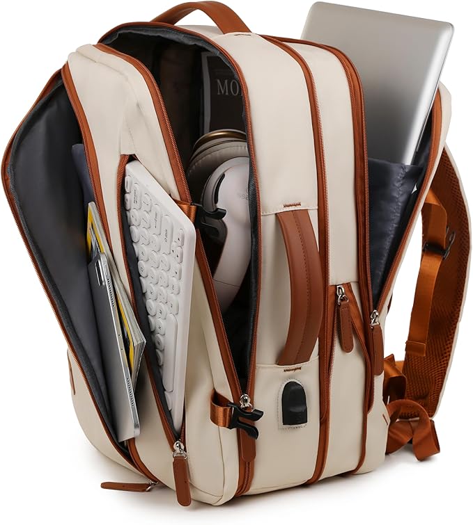 Travel Laptop Backpack for Men Women, Airline Approved Personal carry on Backpack with USB Charging Port,35L Large Water Resistant Durable anti theft Capacity Student Bag Fits 15.6 Inch Notebook,Cream