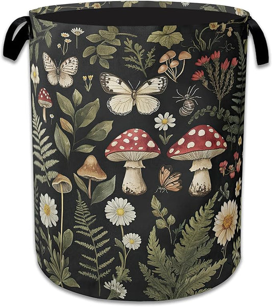 Red Mushroom Laundry Basket,Foldable Oxford Cloth Butterfly Plant Herb Laundry Hamper With Handle, 20.8"x16" Portable Clothes Storage Basket Bag for Laundry Room/Bathroom/Bedroom/Dormitories