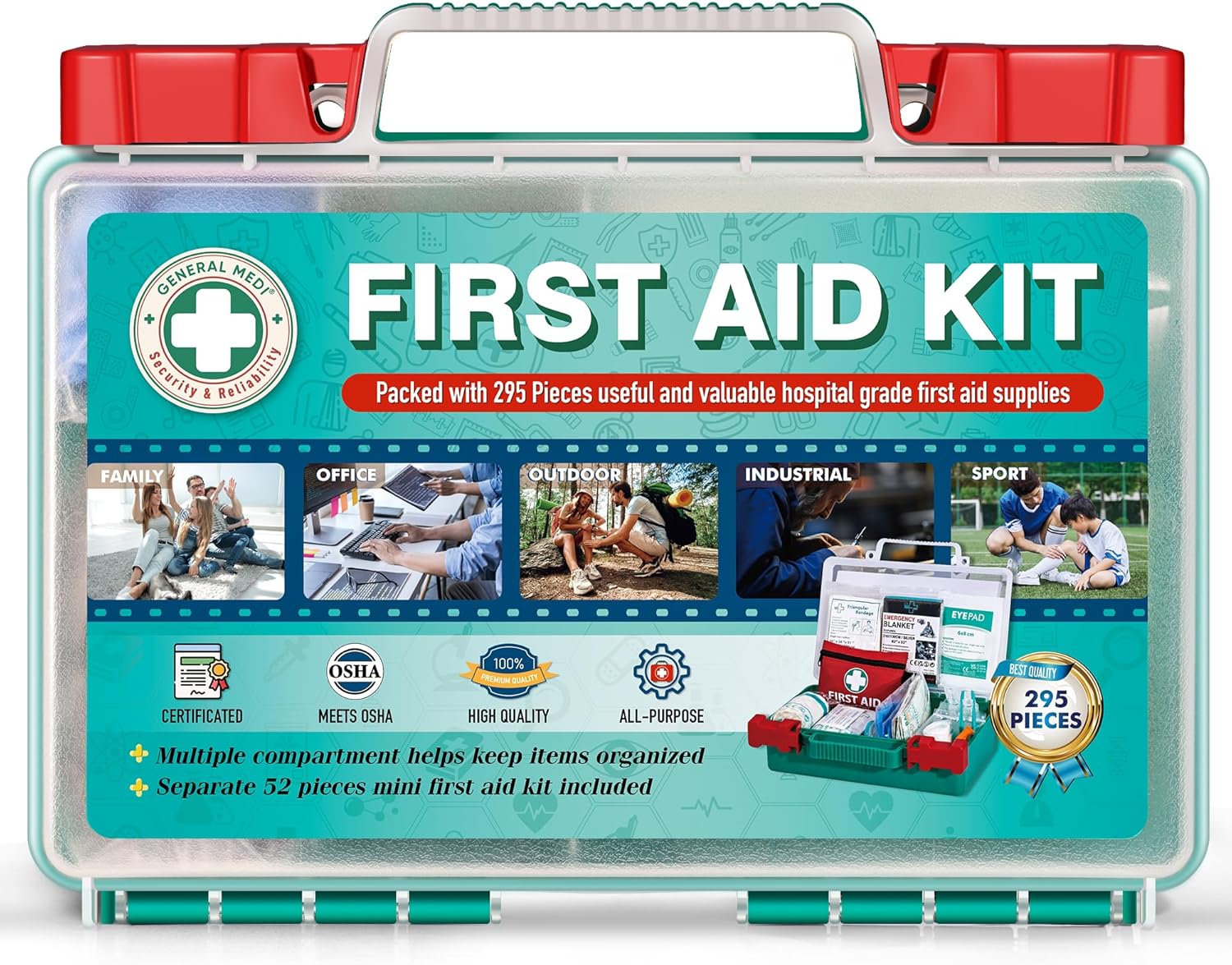 General Medi 420 Pieces Professional First Aid Kit - HardCase First Aid Box - Contains Premium Medical Supplies for Travel, Home, Office, Vehicle, Camping, Workplace & Outdoor