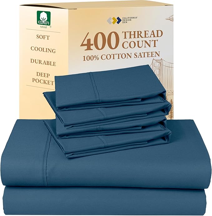 California Design Den 6-Pc King Size Sheet Set with 4 Pillowcases - Soft 400 Thread Count 100% Cotton Sheets, Sateen Weave, Deep Pocket Bedsheets Set - Peacock Blue CaliforniaDesignDen