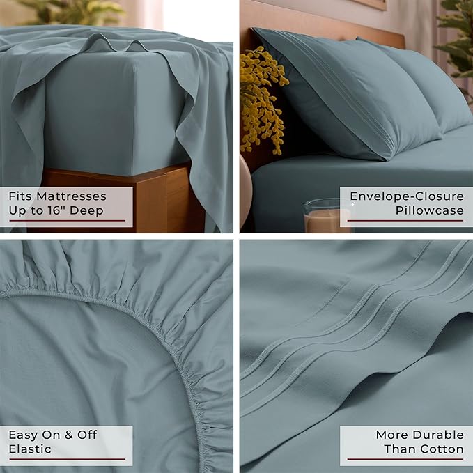 Mellanni Split King Sheet Set - 7-Piece Iconic Collection Bedding, (Including 4 Pillowcases), 16-Inch Deep Pocket, Easy Care, Extra Soft, Cooling Sheets, Brushed Microfiber - Spa Blue
