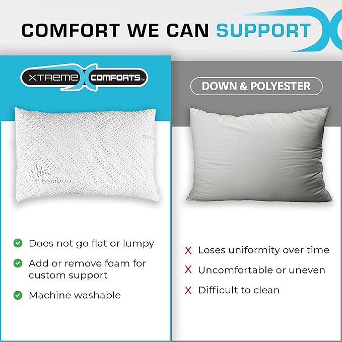 Xtreme Comforts Shredded Memory Foam Pillow- Allergy-Friendly & Cooling Pillow Cover for Side, Back & Stomach Sleepers- Machine Washable - Foam Pillows for Sleeping & Neck Pain Relief (Queen)