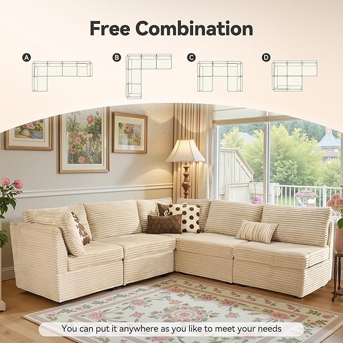 Modular Sectional Sofa,5 Pieces Sectional Couches for Living Room,131X65 L Shaped Cloud Couch with Oversized Convertible Modular Couch for Living Room