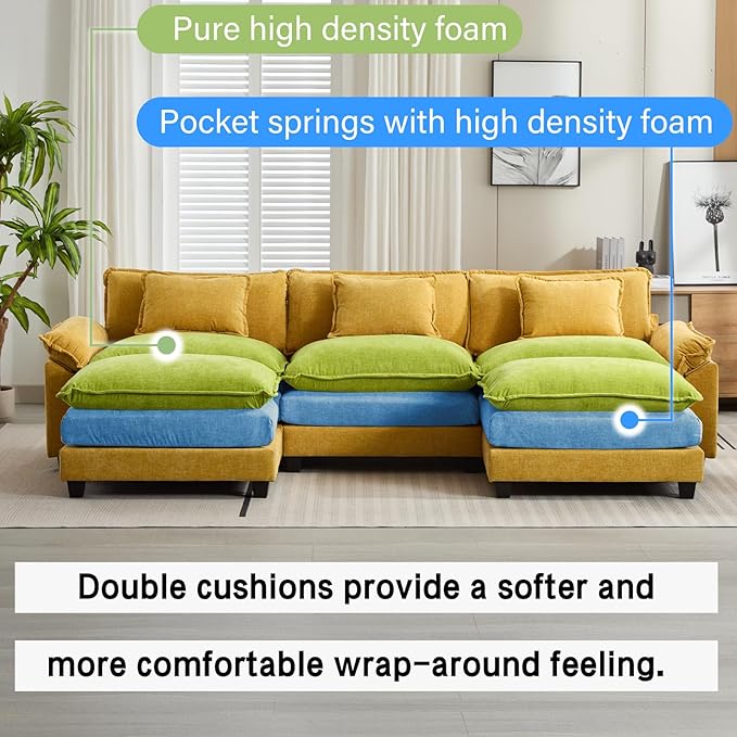 120" Modular Sectional Sofa, Comfy Cloud Couch Sectional Sofa with Ottoman, Chenille Sofa Sleeper Deep Seat Sofa with Throw Pillows for Living Room (Yellow, 120"- U Shape)