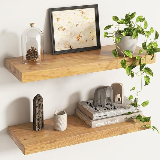 Elm Floating Shelves for Wall Decor, Rustic Solid Wood Shevles Wall Mounted with Invisible Bracket for Living Room Bathroom Bedroom Kitchen, 24 Inch Set of 2, Natural