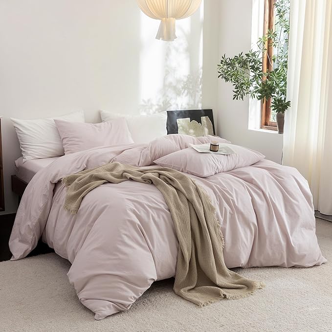 FOSSA Duvet Cover Set 100% Washed Cotton Linen Feel Super Soft Breathable Cozy 3 Pieces Bedding Sets Solid Greyish Pink Super Queen