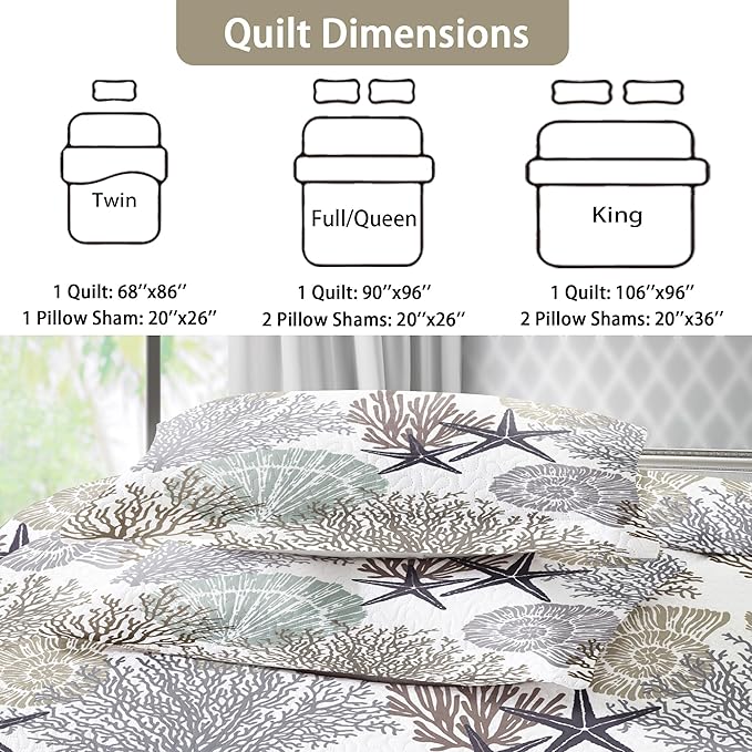 Tritard 3 Piece Coastal Quilt Sets King Size - Reversible Microfiber Quilts with 2 Shams Soft Lightweight Beach Bedding Nautical Bedspread Coverlet Summer Comforter Set for All Season, 106''x96'', C2