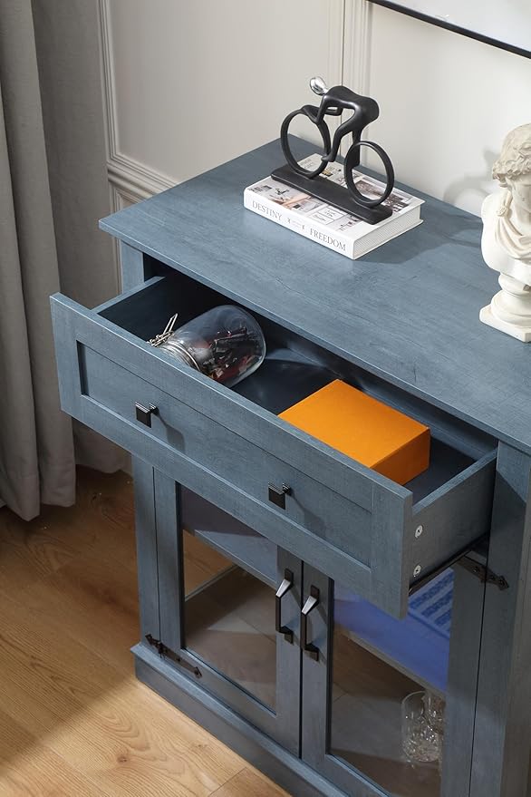 Modern 31.5'' Small Sideboard Buffet Cabinet with Storage,Small Coffee bar Cabinet with a Drawer and Adjustable Shelf,Glass Doors Sideboard Buffet with LED for Kitchen,Blue