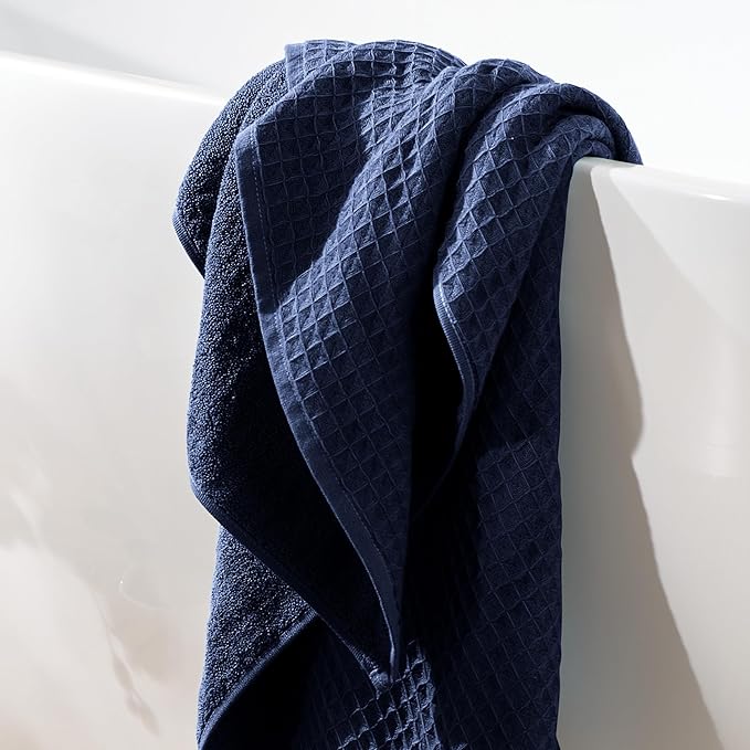 UCHINO Waffle Twist Cotton Weave Hand Towel for Bathroom Lightweight Absorbent Quick Dry Honeycomb Texture Solid Terry Loop Reverse 20" x 30", 1 Hand Towel, Indigo