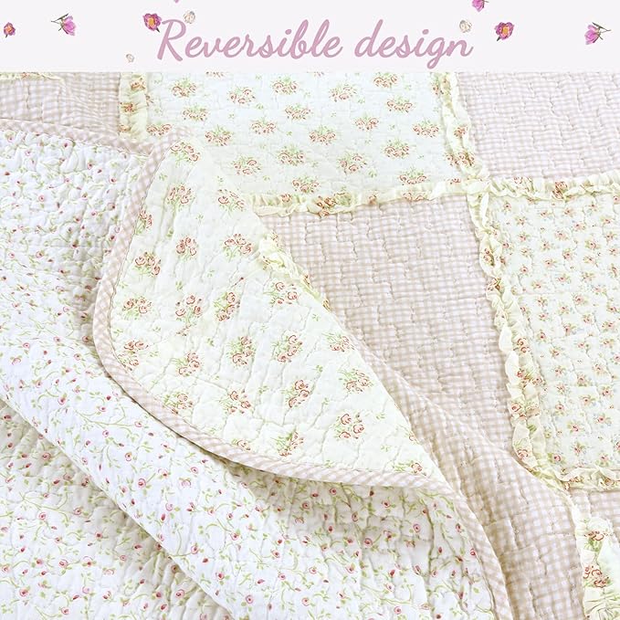 Cozy Line Home Fashions 100% Cotton Real Patchwork Reversible Shabby Chic Girly Floral Pink Peachy Quilt Bedding Set, Coverlet Bedspread (Old-Fashioned Sweetness, Queen - 3 Piece)