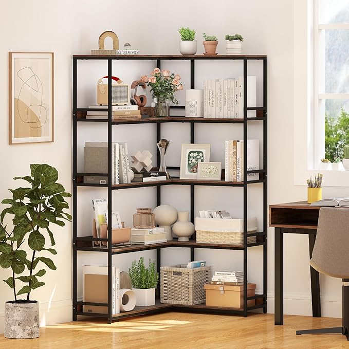 Giantex 5-Tier Corner Bookshelf, 71" L-Shaped Bookcase, Tall Etagere Bookshelf with Metal Frame, Industrial Open Display Shelf, Vertical Storage Rack for Living Room, Study, Office (Rustic Brown)