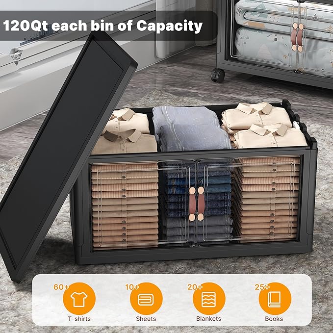 Extra Large Stackable Storage Bins with Lids & Wheels & Door, 336QT-112QT/28GAL*3Pack Foldable Collapsible Closet Organizers, Plastic containers drawers for bedroom Dorm