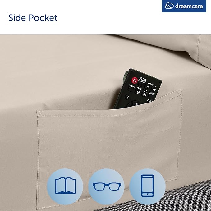 DREAMCARE Queen Size Sheets - Cooling Bed Sheets - 4pcs Set - up to 15" Deep Pocket Queen Sheet Set - Sheets Queen Size Bed - Soft & Long Lasting 100% Fine Microfiber with Side Pocket - Beige DREAMCARE