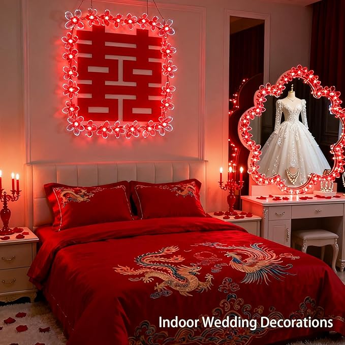 Battery Lighted & USB Plug in Fairy Flower String Lights, 9.8 ft 30 LED Cute Cherry Blossom Lights with Timer Indoor Bedroom Party Wedding Christmas Easter Tree Branch Hanging Decorations (Red)