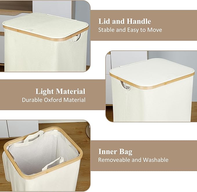Laundry Basket with Lid, 110L Large Laundry Hamper with Handle and Lid, Collapsible Clothes Basket Organizer with Removable Inner Bag for Clothes Toys Towels - Beige