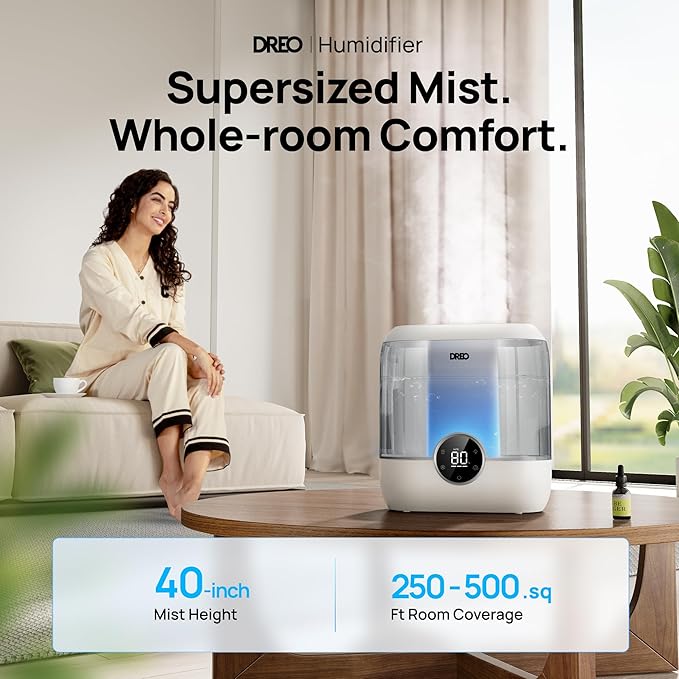 Dreo 6L Top Fill Humidifiers for Bedroom, 60H Runtime 28 dB Quiet Supersized Cool Mist Air Humidifiers for Large Room, Baby Nursery, Plant, Indoor, Night Light, Easy to Clean, Precise Humidity Control
