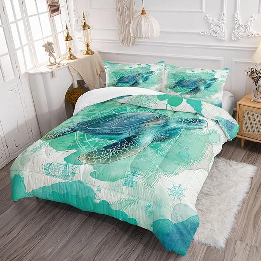 CVHOUSE Sea Turtle Bedding Set,Sea Turtle Comforter Queen,Ocean Bohemia Comforter Set for Boys Kids Girls,Ocean Quilt Set with 1 Comforter and 2 Pillow Cases