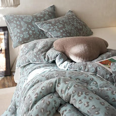 MKXI Double Layer Muslin Cotton Comforter Set Queen Size Leopard Print Shabby Chic Bedding Comforter Set Soft Breathable Grey and Green Floral Animal Cheetah Lightweight Bed Comforter for All Season