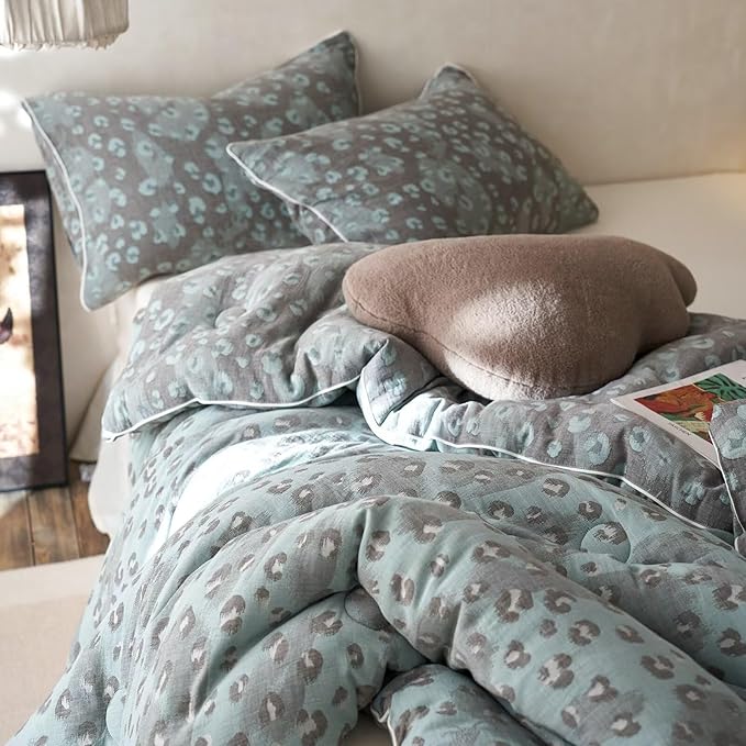 MKXI Double Layer Muslin Cotton Comforter Set King Size Leopard Print Shabby Chic Bedding Comforter Set Soft Breathable Grey and Green Floral Animal Cheetah Lightweight Bed Comforter for All Season