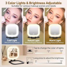 Travel Mirror with Light, 1x/30x Magnifying Mirror with 3 Color Lights and Adjustable Brightness, 4.5x3.9 inch Small Compact Hangable Hand Pocket 3 Way Mirrors, Comes with Tweezer
