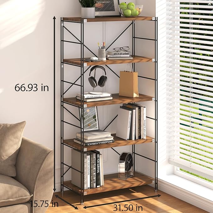 5 Tier Bookshelf, Book Shelf 67/59Inch, Tall Bookcase, Industrial Bookshelves, w/Metal X-shaped support, Adjustable Shelves, Metal Fram, for Living Room,kitchen (walnut, H 66.93×W31.5×L 15.75 IN)
