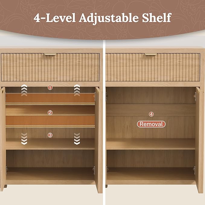 Fluted Sideboard Buffet Cabinet with Storage Drawers, 55" Large Accent Storage Cabinet with Doors and Adjustable Shelf, Modern Farmhouse Credenza for Entryway, Kitchen, Living Room - Wood