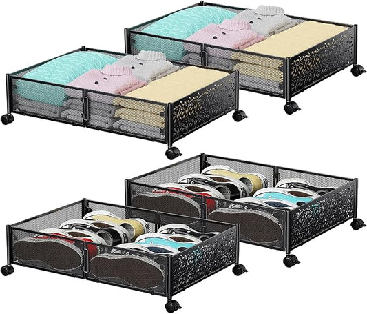 Under Bed Storage, Under the Bed Storage Containers with Wheels, Under Bed Shoe Storage Organizer Drawer for Bedroom Clothes Shoes Blankets -4Pack